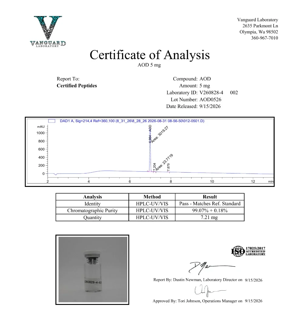 Vanguard Laboratory certificate of analysis for AOD-9604, lot AOD0526